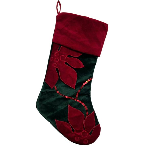 Vintage Dan Dee Velvet Poinsettia Christmas Stocking Sequins Green Red Holiday - Picture 7 of 7
